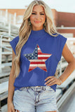 Sky Blue Faux Patchwork Patriotic Star Printed High Neck Top Aaria Tees