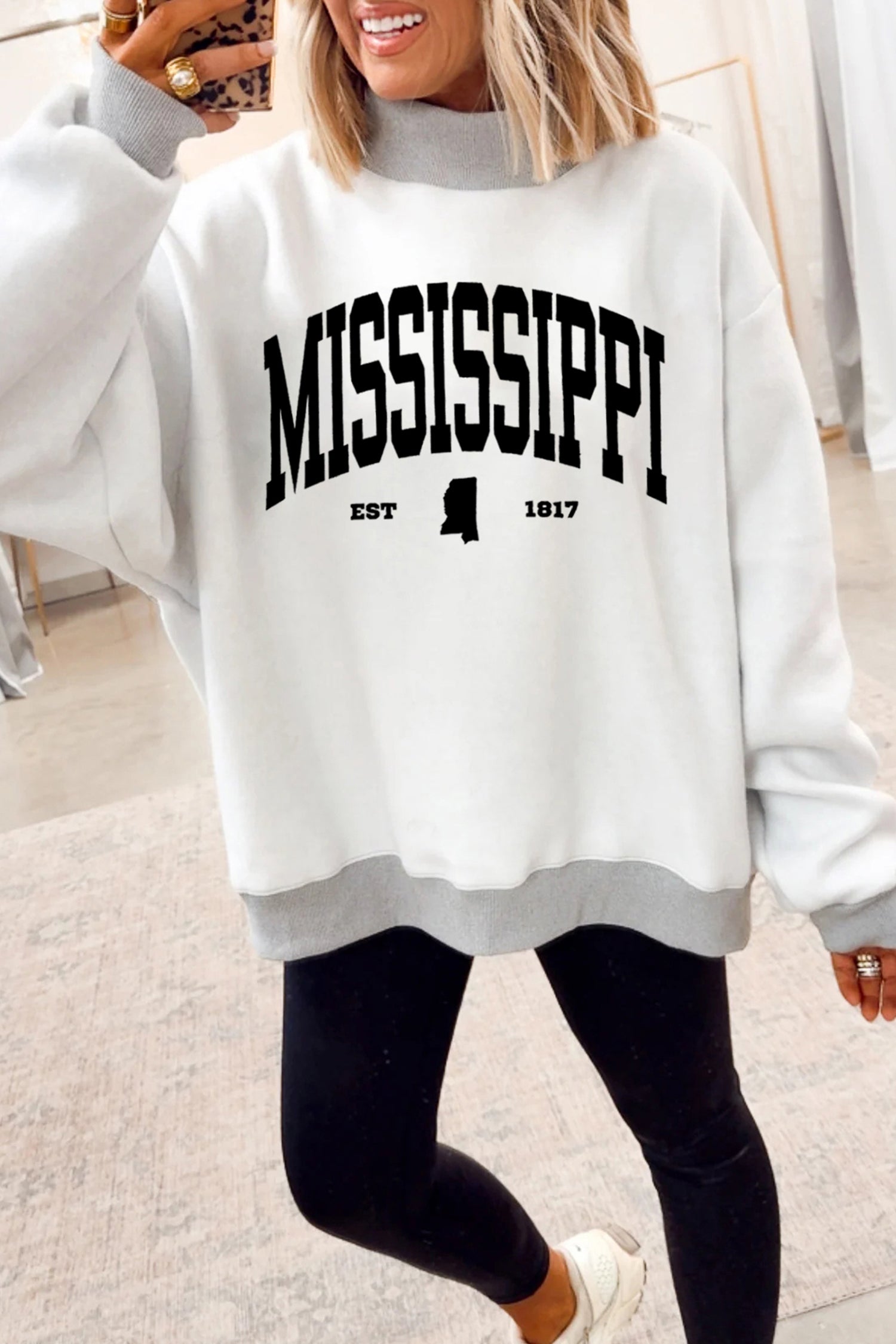 Light Grey MS MISSISSIPPI Double Side Printed Mock Neck Reversible Sweatshirt - Aaria Tees Aaria Tees