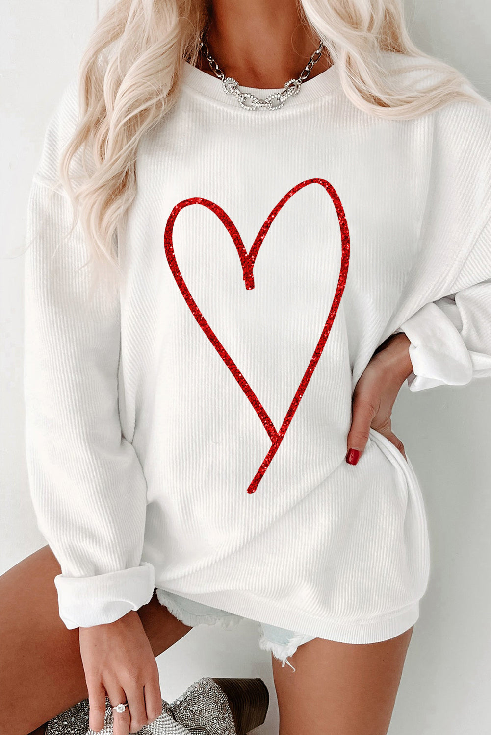 White Glittering Heart Printed Corded Valentines Pullover Sweatshirt - Aaria Tees Aaria Tees