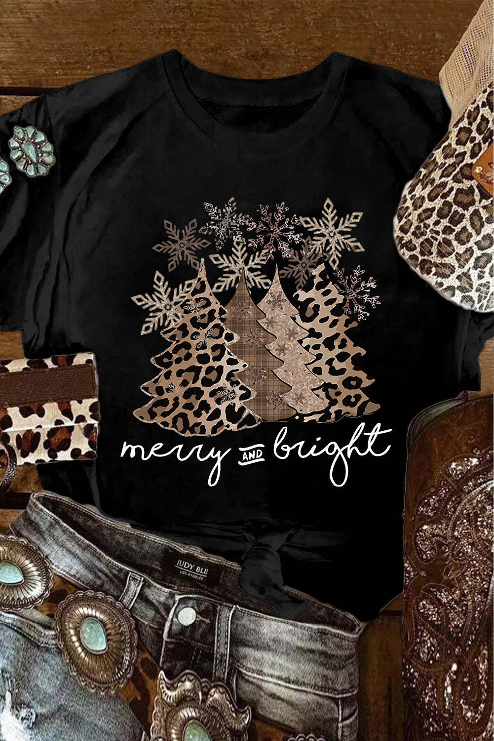Black Leopard Christmas Tree Graphic Crew Neck T Shirt - Aaria Tees Aaria Tees