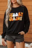 Color black Embroidered Spooky Season Graphic Long Sleeve Round Neck Pullover Sweatshirt - Aaria Tees Aaria Tees