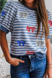 Sky Blue Stripe Patriotic Sequin Bow Graphic Short Puff Sleeve Top Aaria Tees
