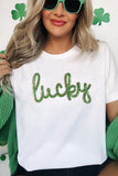 White Sequined Lucky St.Patricks Day Graphic Tee Aaria Tees