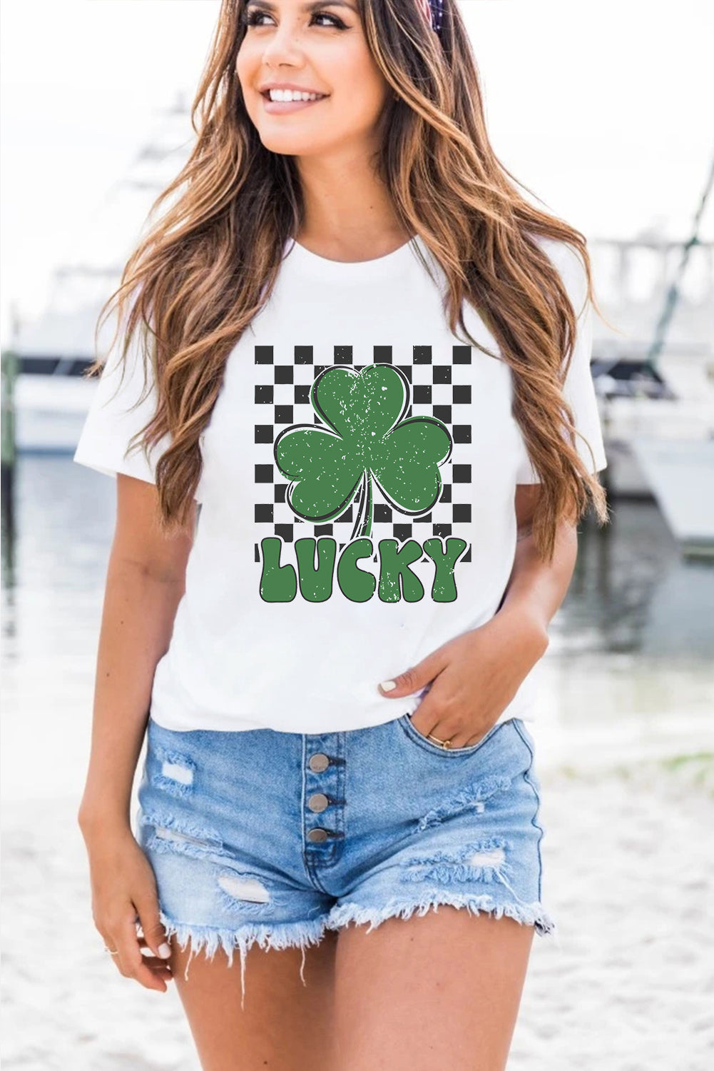 White Checker LUCKY Clover Printed St Patricks T Shirt - Aaria Tees Aaria Tees
