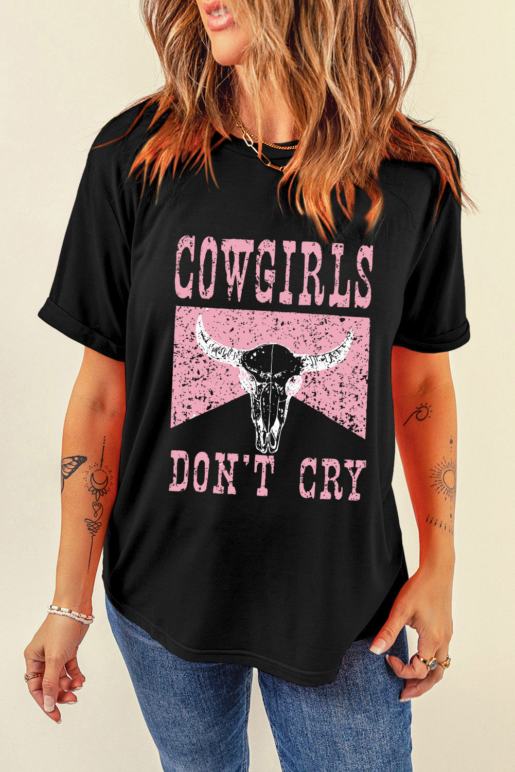 Black COWGIRL DONT CRY Steer Head Print Short Sleeve Top - Aaria Tees Aaria Tees
