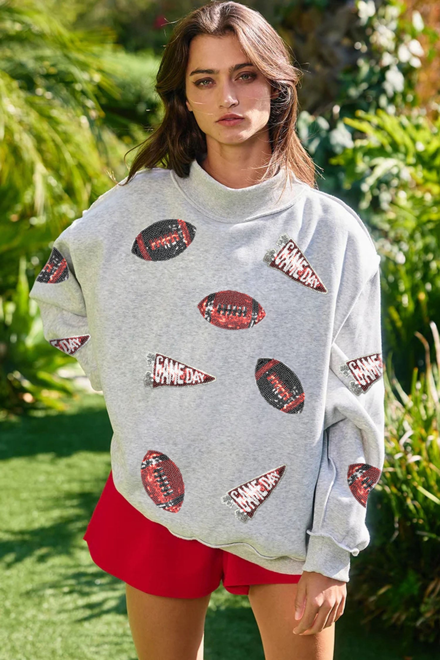 Light Grey Sequin Rugby Game Day High Neck Baggy Sweatshirt - Aaria Tees Aaria Tees