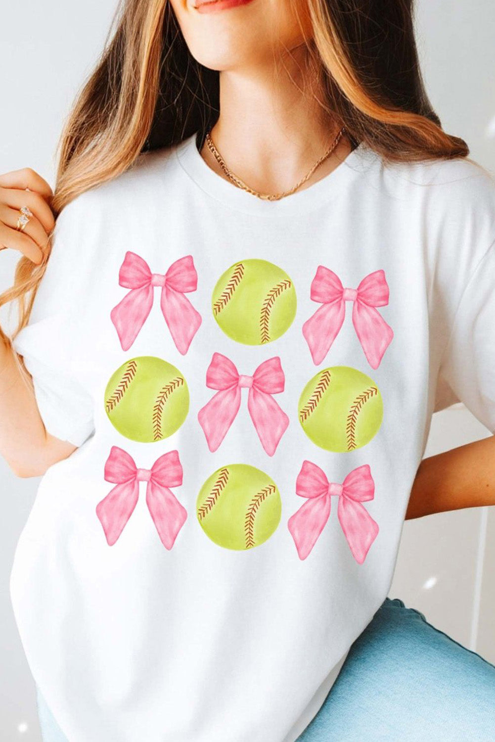 White Bow Tie Baseball Print Round Neck Casual Tee - Aaria Tees Aaria Tees