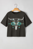 Carbon Grey Vintage Western Bull Head Skull Turquoise Aztec Graphic T Shirt - Aaria Tees Aaria Tees