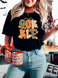 Black GOBBLE Leopard Letter Print Turkey Bow Graphic T Shirt Aaria Tees