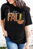 Black Hello Fall Letter Pumpkin Printed Thanksgiving T Shirt Aaria Tees