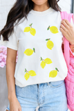 White Sequin Lemon Graphic Casual Summer Tee Aaria Tees