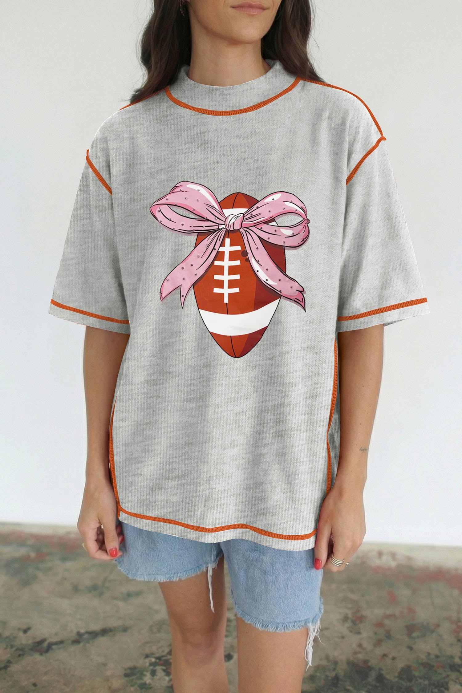 Light Grey Sweet Bow Rugby Football Graphic Contrast Stitched Tee - Aaria Tees Aaria Tees