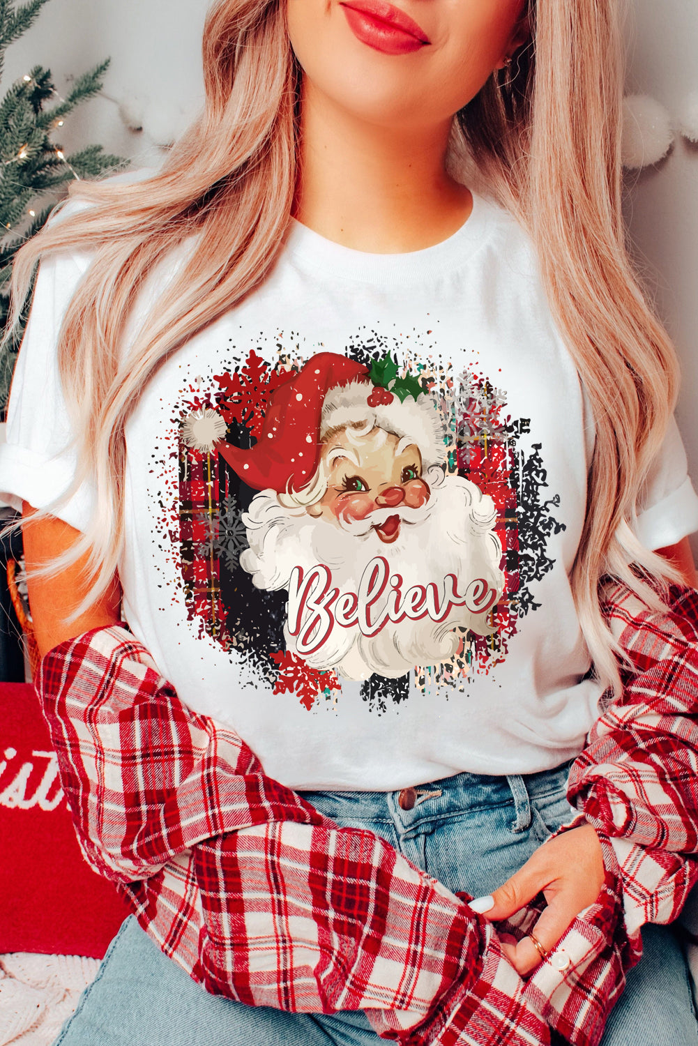 White Believe Christmas Father Graphic Crewneck T Shirt - Aaria Tees Aaria Tees