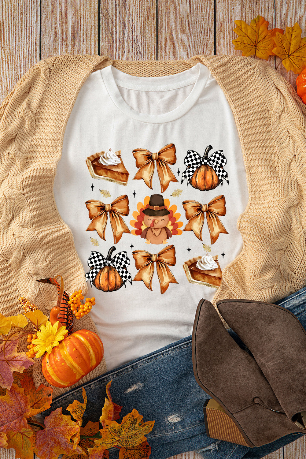 White Cute Bowknot Tanksgiving Graphic Crewneck T Shirt - Aaria Tees Aaria Tees