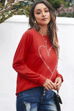 Fiery Red Rhinestone Heart Shaped Long Sleeve Sweatshirt Aaria Tees