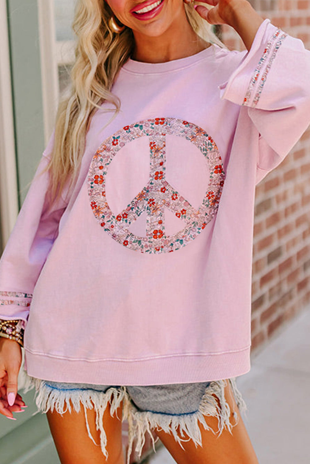 Jet Stream Floral Peace Sign Graphic Drop Shoulder Wide Sleeve Casual Top - Aaria Tees Aaria Tees