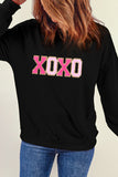 Black Chenille XOXO Patched Drop Shoulder Valentines Pullover Sweatshirt Aaria Tees