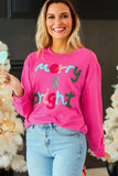 Rose Red Merry & Bright Christmas Letter Graphic Sweatshirt - Aaria Tees Aaria Tees