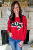 Fiery Red Merry Script Holiday Christmas Graphic Sweatshirt Aaria Tees