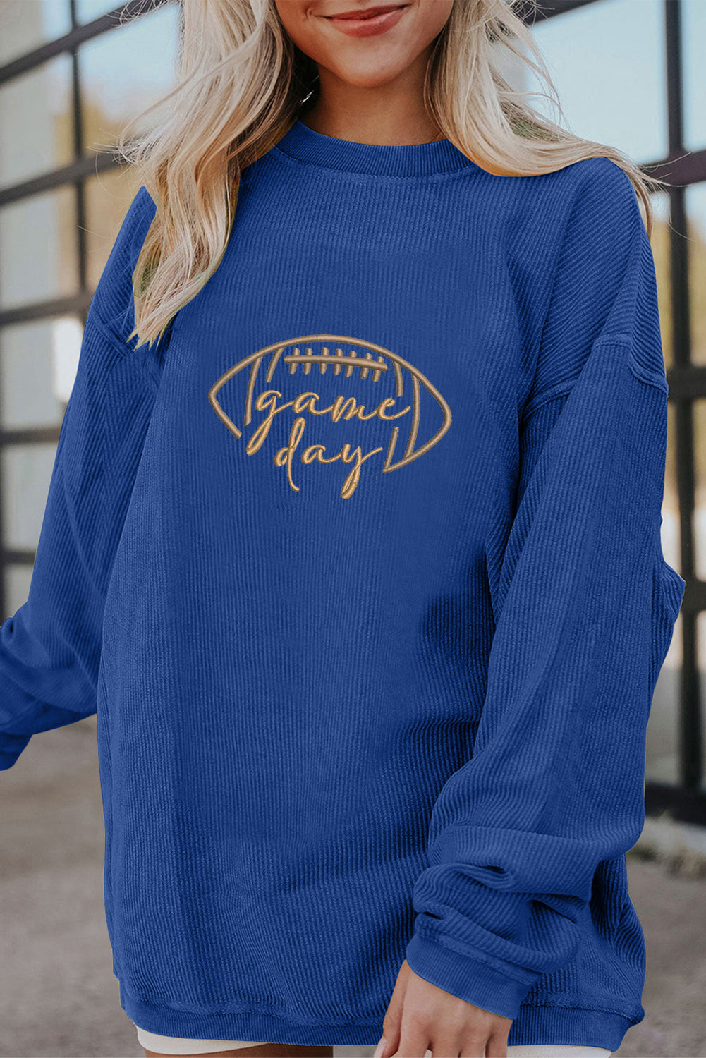 Dark Blue Rugby Game Day Embroidered Corduroy Sweatshirt - Aaria Tees