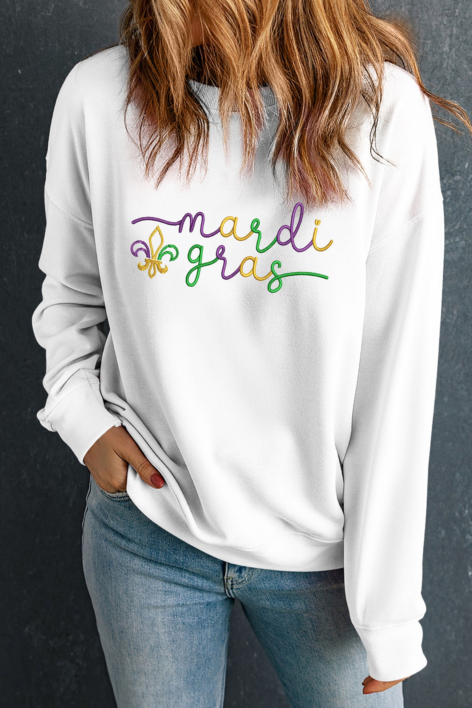White mardi gras Fleur De Lis Embroidered Graphic Pullover Sweatshirt - Aaria Tees Aaria Tees