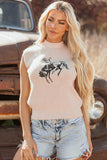 Oatmeal HOWDY Rodeo Cowboy Graphic High Neck Short Sleeve Sweater Aaria Tees