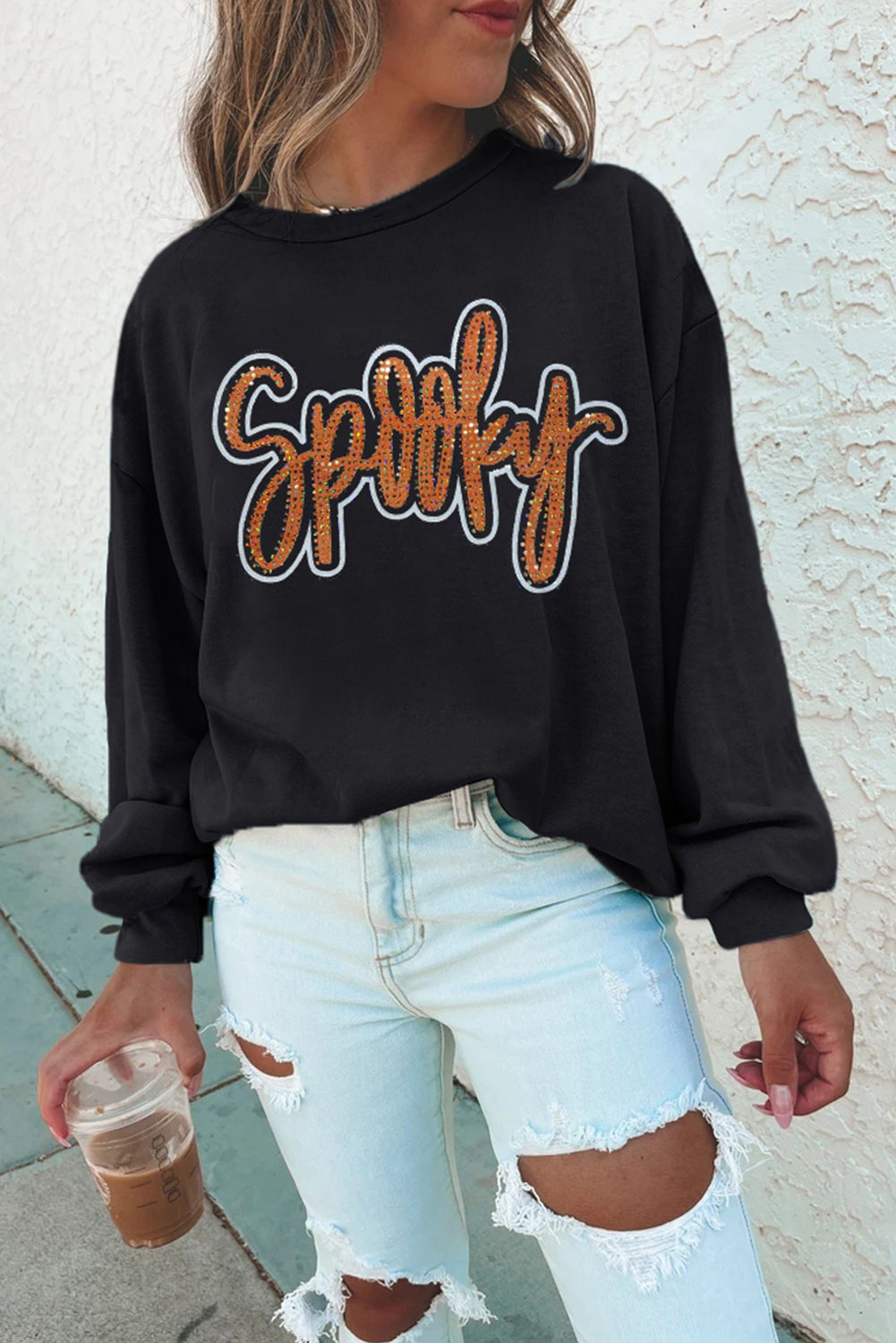 Black Spooky Rhinestone Drop Shoulder Graphic Sweatshirt - Aaria Tees