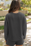 Carbon Grey Bowknot Patched Pattern Corded Long Sleeve Top and Shorts Outfit Aaria Tees