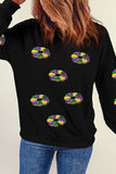 Black Sequined Donuts of Mardi Gras Colors Drop Shoulder Sweatshirt Aaria Tees