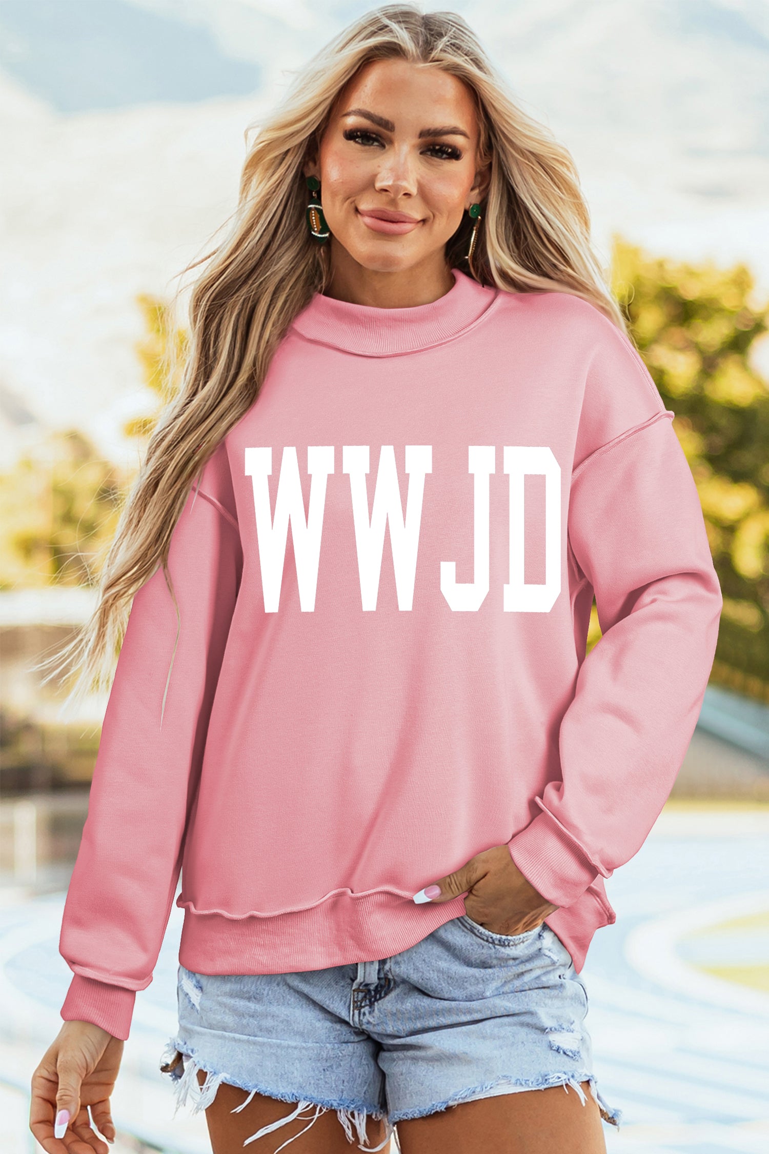 Light Pink WWJD/ AMEN Double Side Printed Mock Neck Reversible Sweatshirt - Aaria Tees Aaria Tees