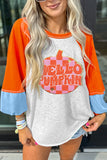 Light Grey HELLO PUMPKIN Patched Graphic Colorblock Bubble Sleeve Raglan Top Aaria Tees