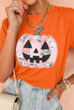 Orange Patchwork Pumpkin Graphic Short Sleeve Round Neck Tee Aaria Tees