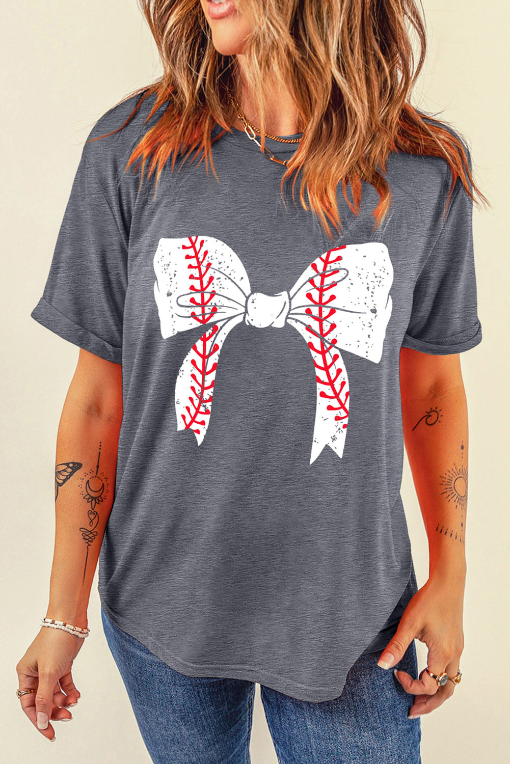 Gray Baseball Bowknot Graphic Casual Tee - Aaria Tees Aaria Tees