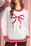 White Striped Trim Bow Graphic Round Neck Drop Shoulder Sweater Aaria Tees