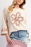Beige Flower Patch Graphic Exposed Seam Wide Sleeve Top - Aaria Tees Aaria Tees