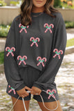 Carbon Grey Twisted Ribbed Sequin Holly Candy Cane Long Sleeve Top and Shorts 2pcs Outfit Aaria Tees