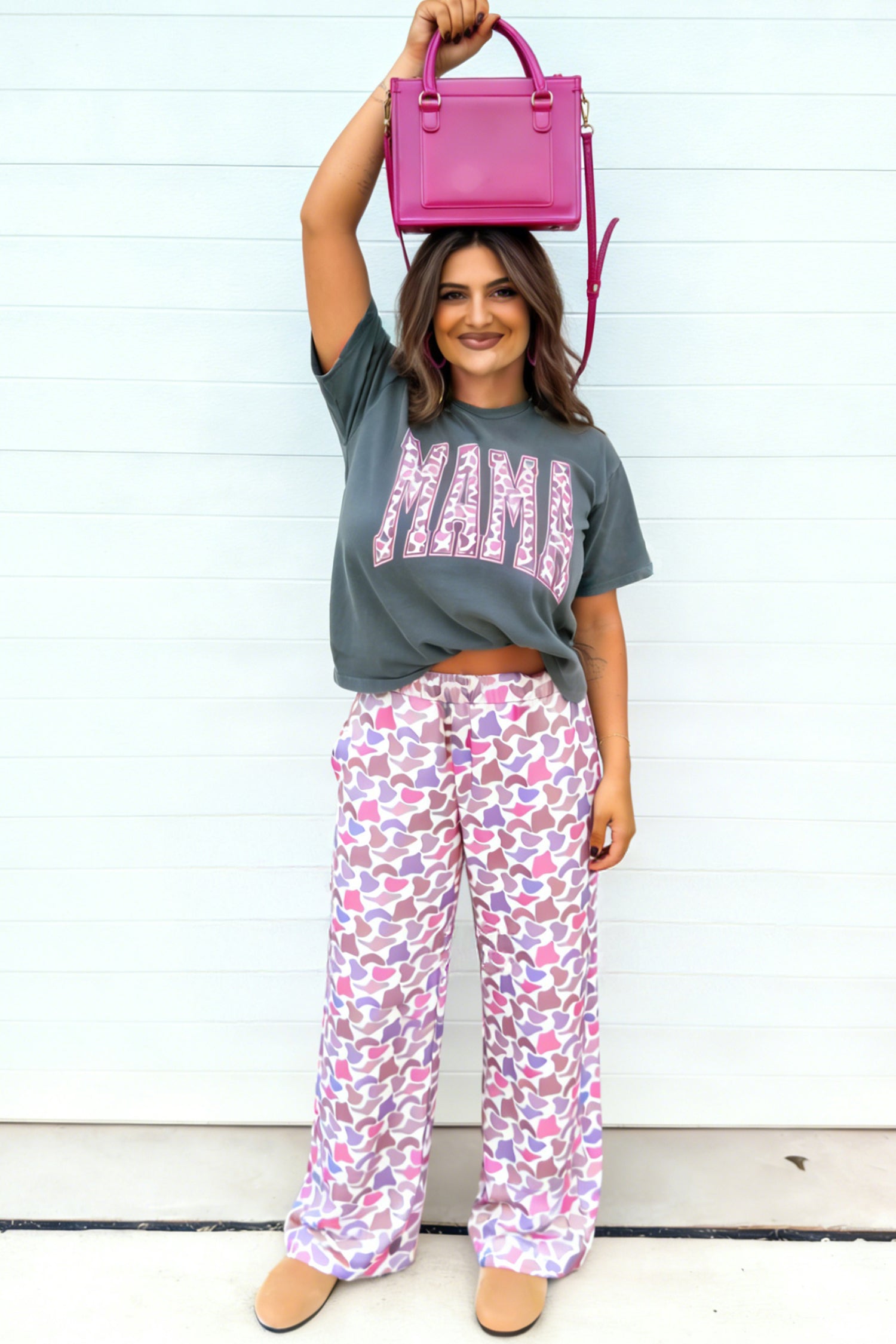 Medium Grey MAMA Letter Graphic Tee Camouflage Print Loose Pant Set - Aaria Tees Aaria Tees