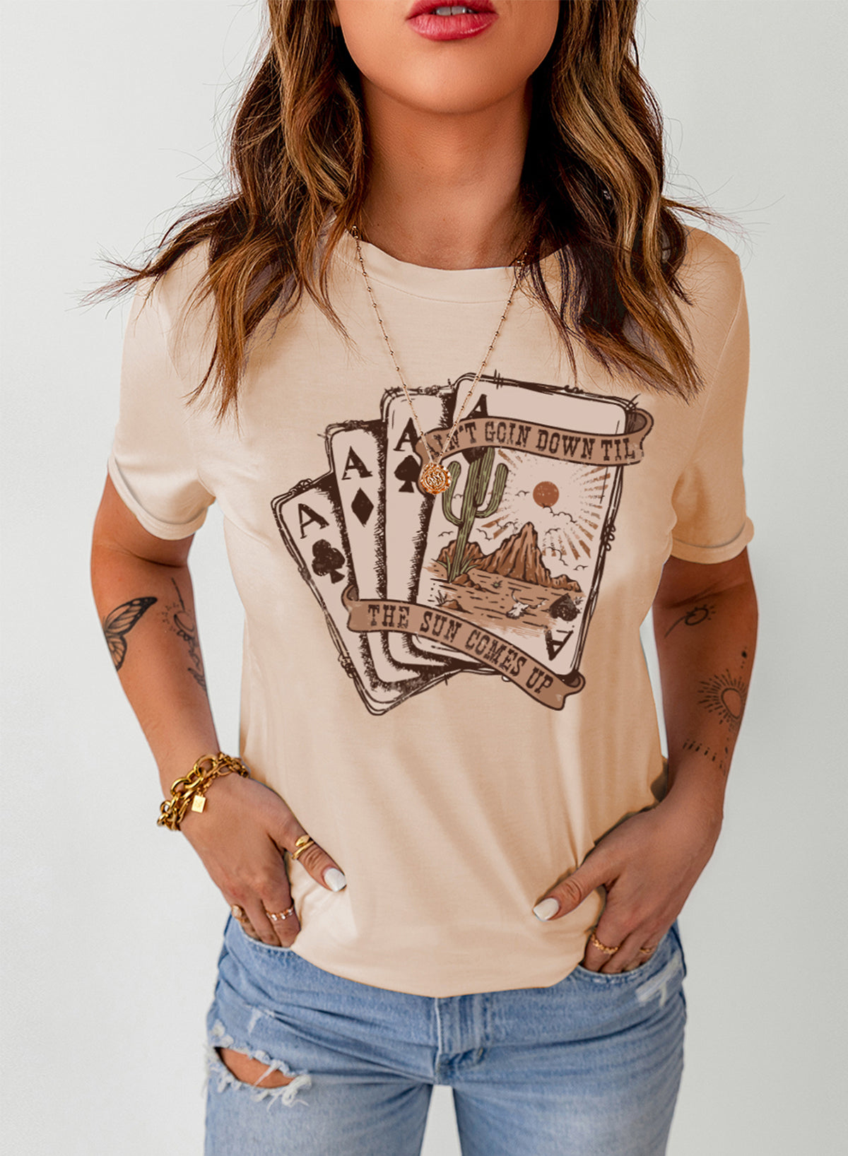 Khaki Western Poker Cards Graphic T Shirt - Aaria Tees Aaria Tees