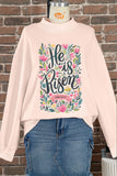 Apricot Pink He is Risen Floral Christian Easter Mock Neck Sweatshirt Aaria Tees