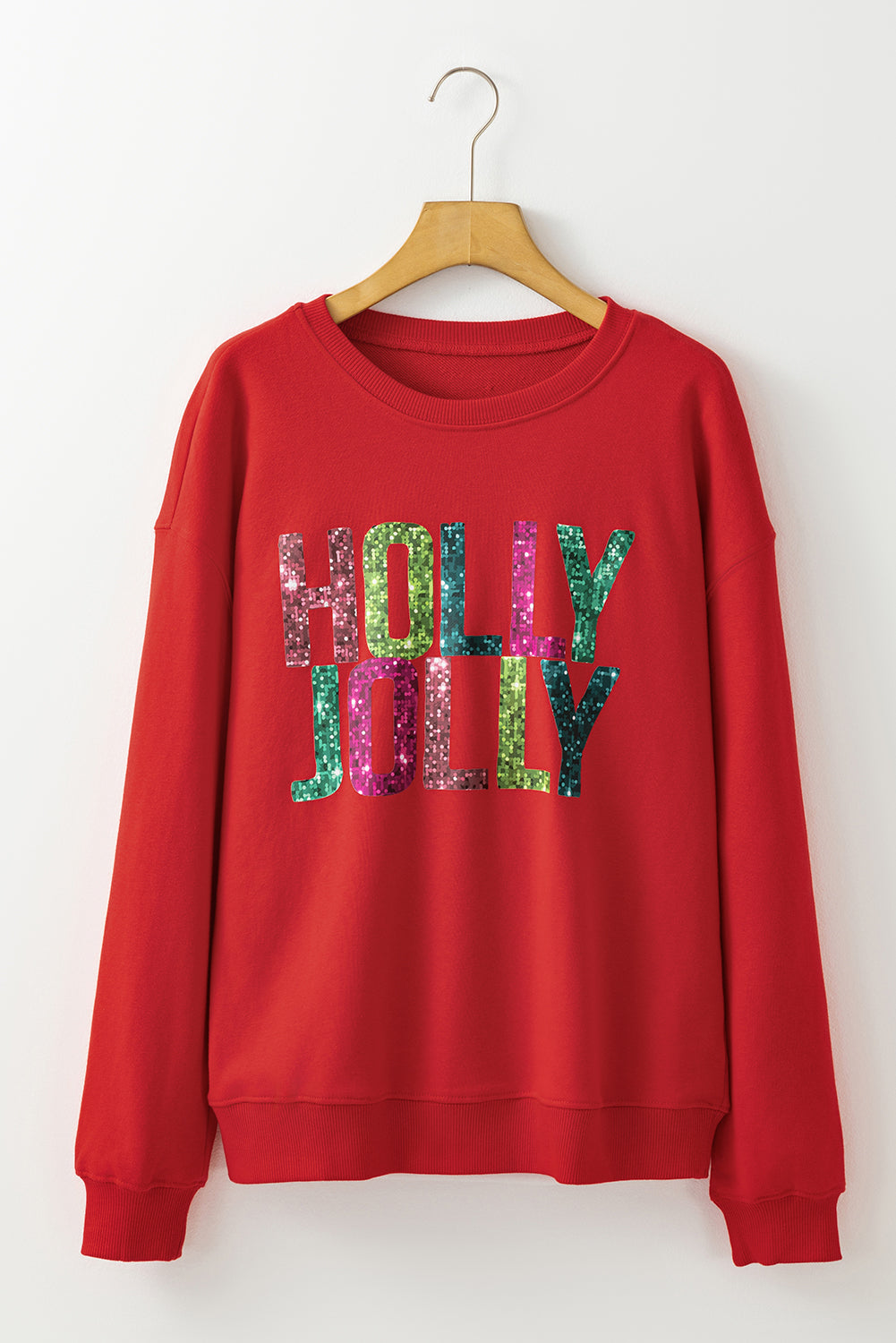 Red Heat Transfer HOLLY JOLLY Printing Christmas Pullover Sweatshirt - Aaria Tees Aaria Tees
