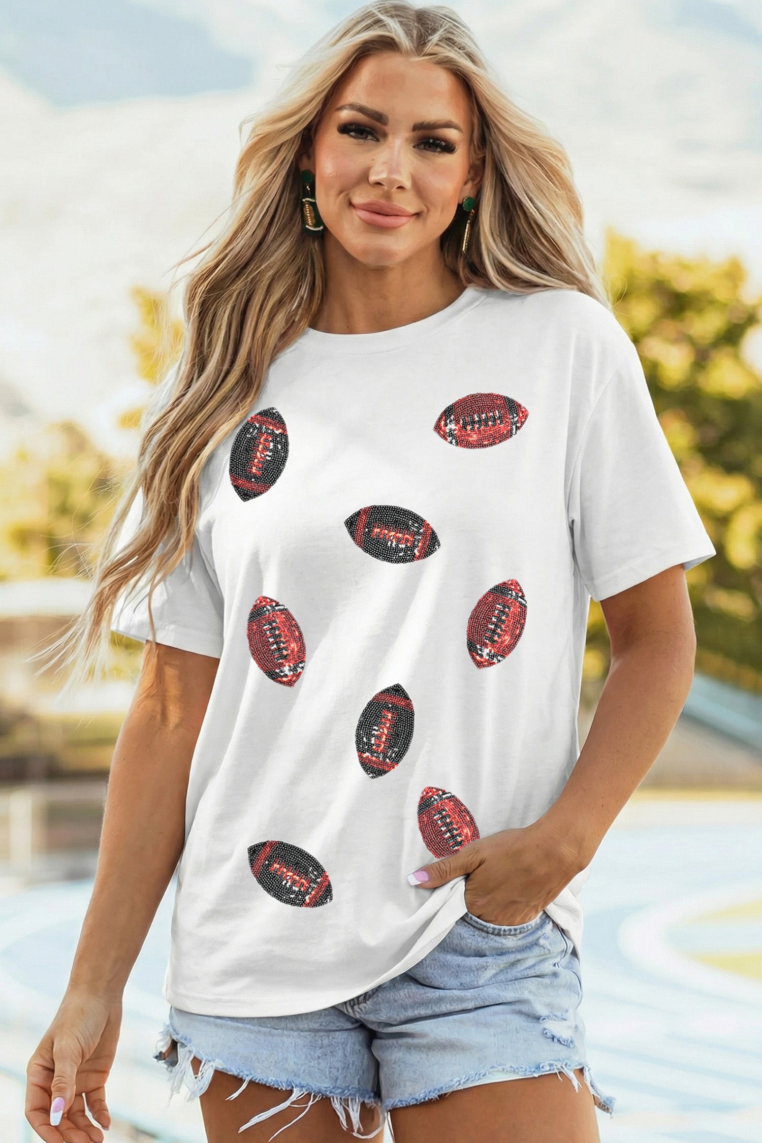 White Sequin Rugby Pattern Round Neck Casual T Shirt - Aaria Tees Aaria Tees