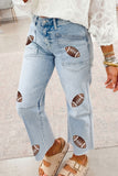 Beau Blue Sequin Detail Patched Rugby Pattern Raw Hem Shift Jeans - Aaria Tees Aaria Tees