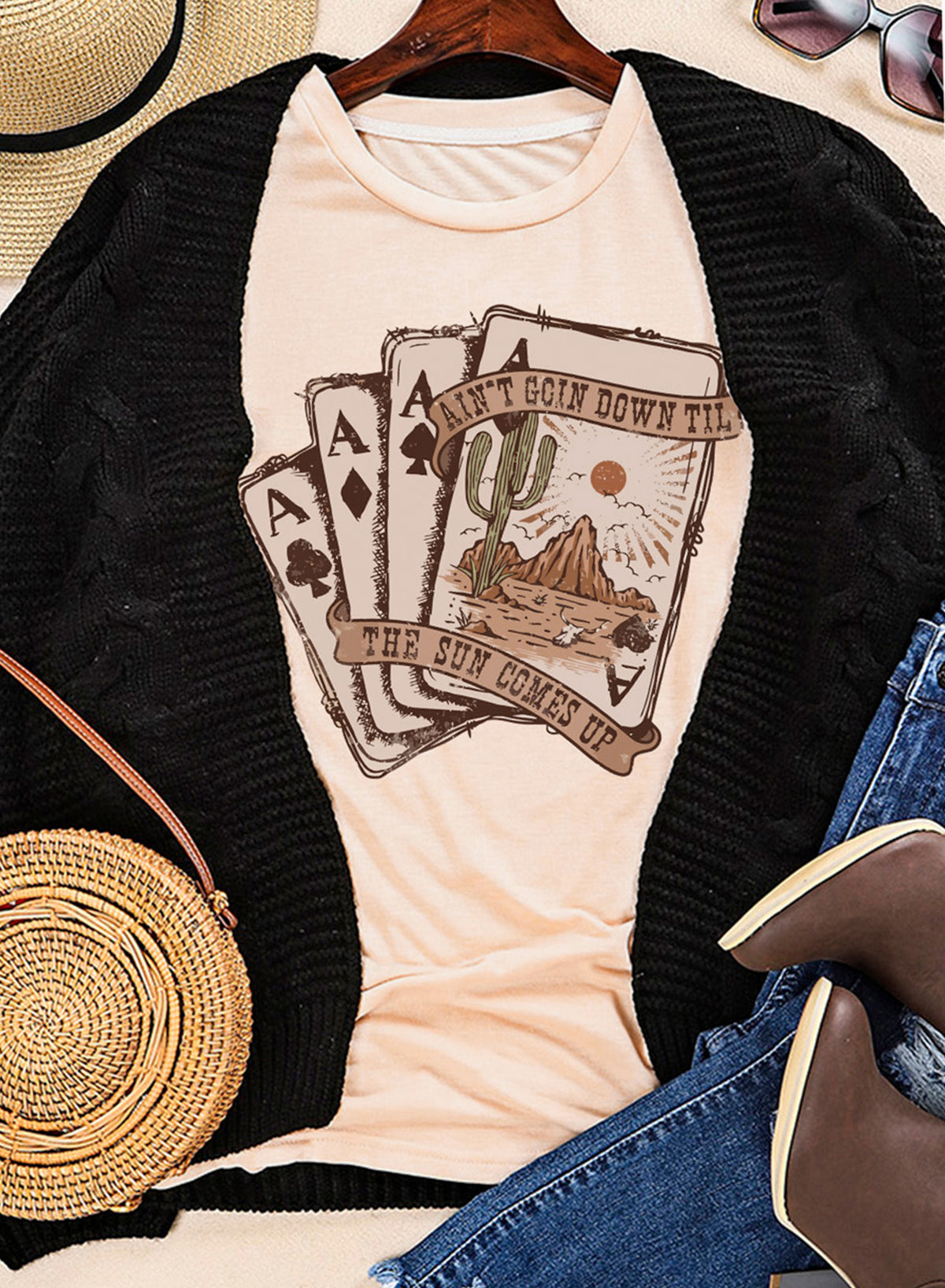 Khaki Western Poker Cards Graphic T Shirt - Aaria Tees Aaria Tees