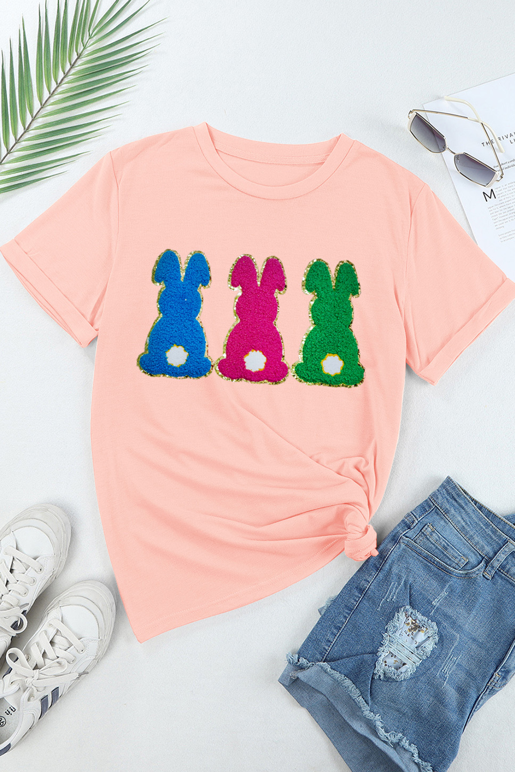 Pink Easter Bunny Chenille Patched Graphic Tee - Aaria Tees Aaria Tees