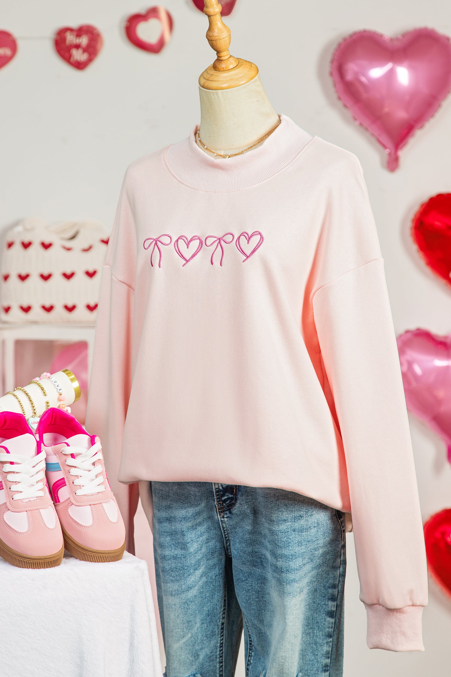 Apricot Pink Valentines Bow Heart Embroidered Mock Neck Sweatshirt - Aaria Tees Aaria Tees