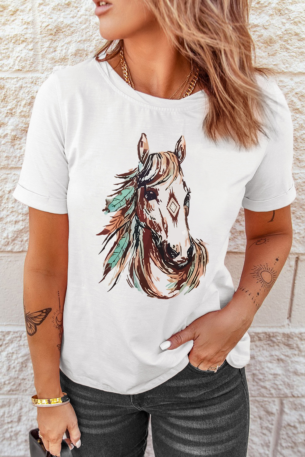 White Western Aztec Horse Graphic Crewneck Tee - Aaria Tees Aaria Tees