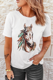White Western Aztec Horse Graphic Crewneck Tee - Aaria Tees Aaria Tees