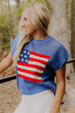 Sky Blue Flag Graphic Short Sleeve Sweater Top - Aaria Tees Aaria Tees