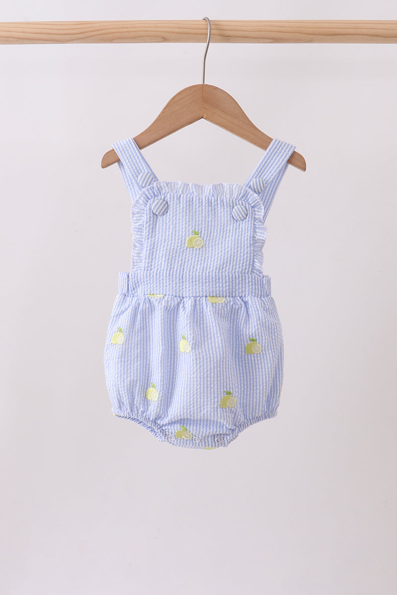 Blue stripe seersucker lemon embroidery ruffle bubble - Aaria Tees