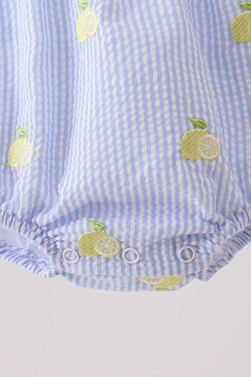 Blue stripe seersucker lemon embroidery ruffle bubble - Aaria Tees Aaria Tees